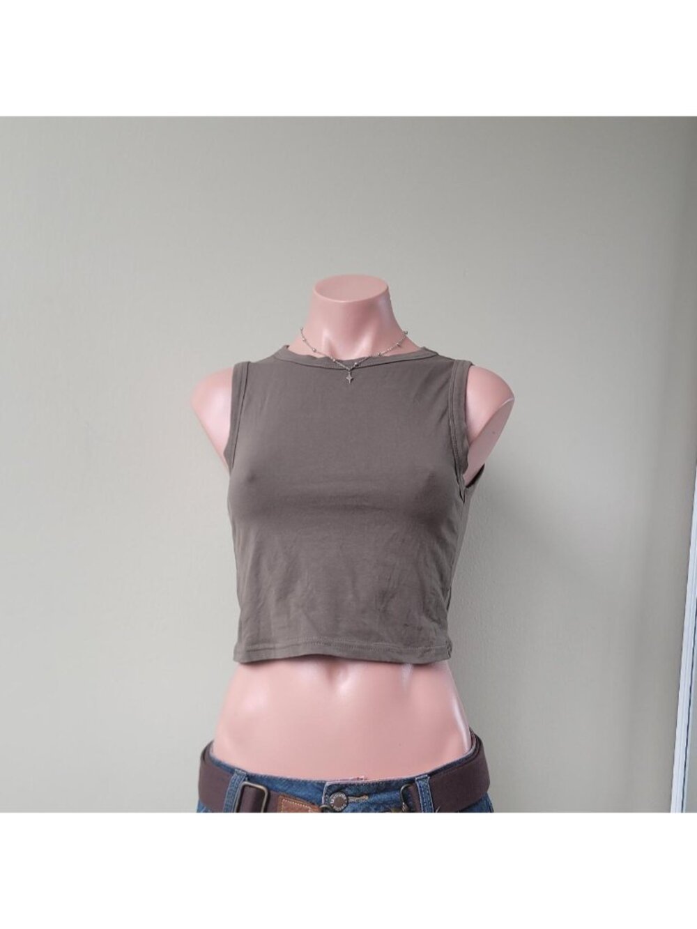 Green Ribbed High Stretch Cropped Tank Top (S)